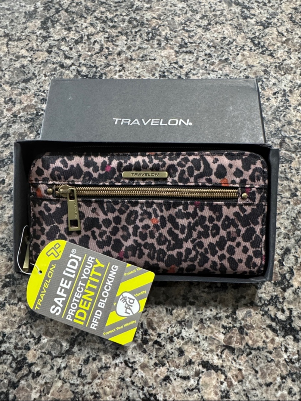 NWT Travelon Leopard Print Zip Wallet in Pink and Brown with Gold Hardware